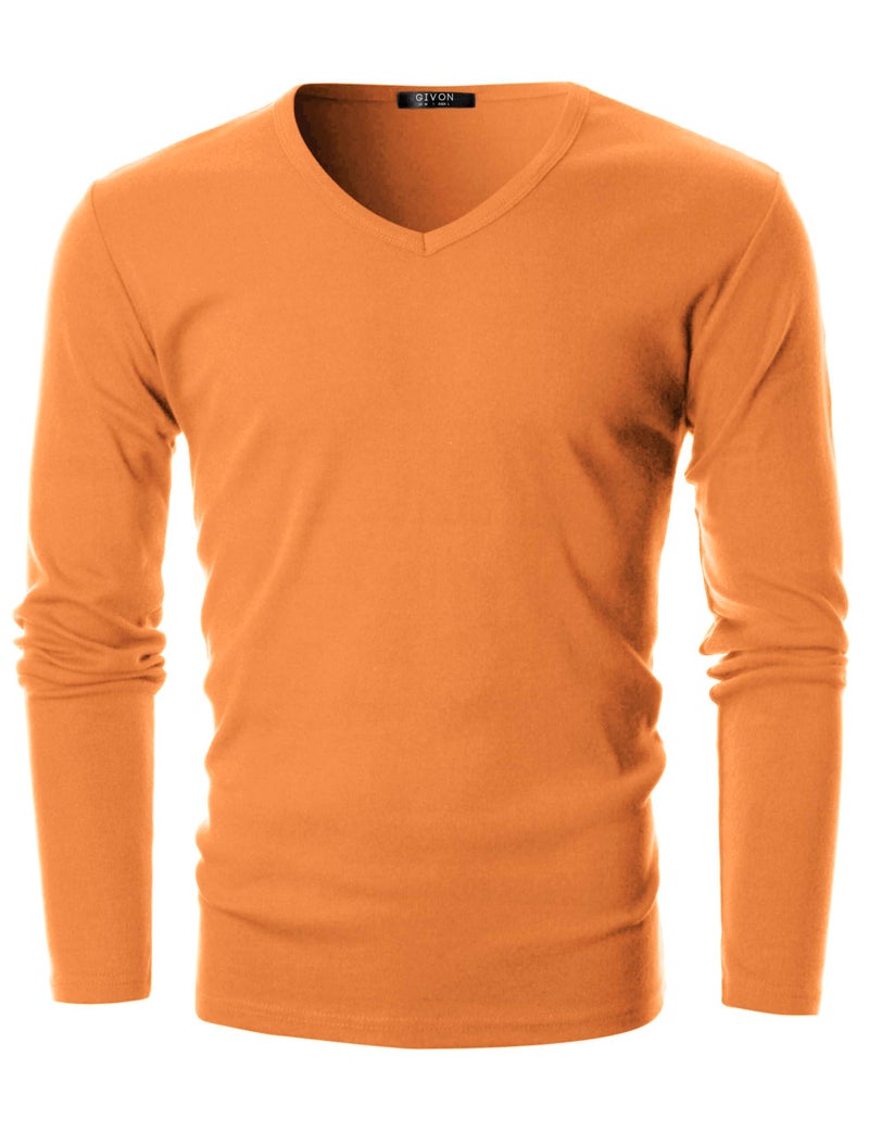 GIVON Menâ€™s Slim Fit V-Neck Long Sleeve T-Shirt â€“ 100% Cotton Ribbed Knit â€“ Midweight Base Layer or Standalone Top / DCP053-ORANGE-XXL - Image 2