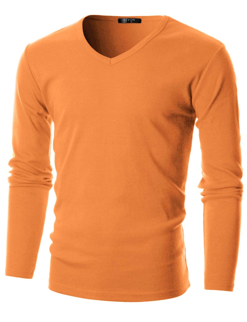 GIVON Menâ€™s Slim Fit V-Neck Long Sleeve T-Shirt â€“ 100% Cotton Ribbed Knit â€“ Midweight Base Layer or Standalone Top / DCP053-ORANGE-XXL - Image 1