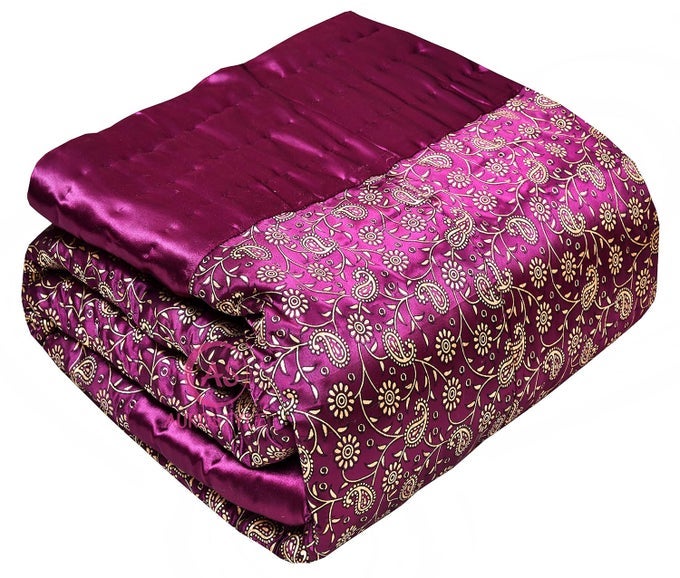 RAJASTHANI COTTON FILLED LIGHT WEIGHT SILK SOFT JAIPURI AC QUILTRAZAI DOHAR OVER ALL FLORAL PRINT DESIGN WITH GOLD PRINT QUILTS BLANKETS FOR HOME 85X100 INCHPURPLE JAAL PRINT DOUBLE BED