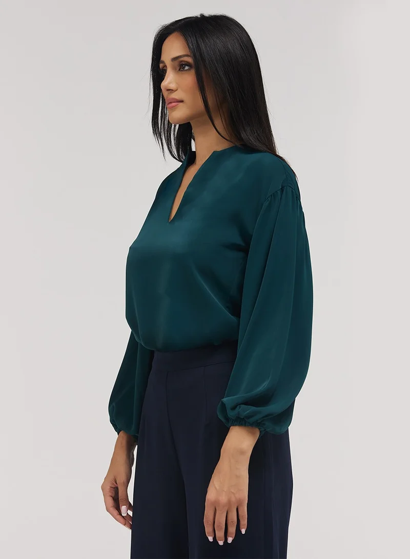 Zigzag Front Neck Open Long Sleeve Top-Dark Green