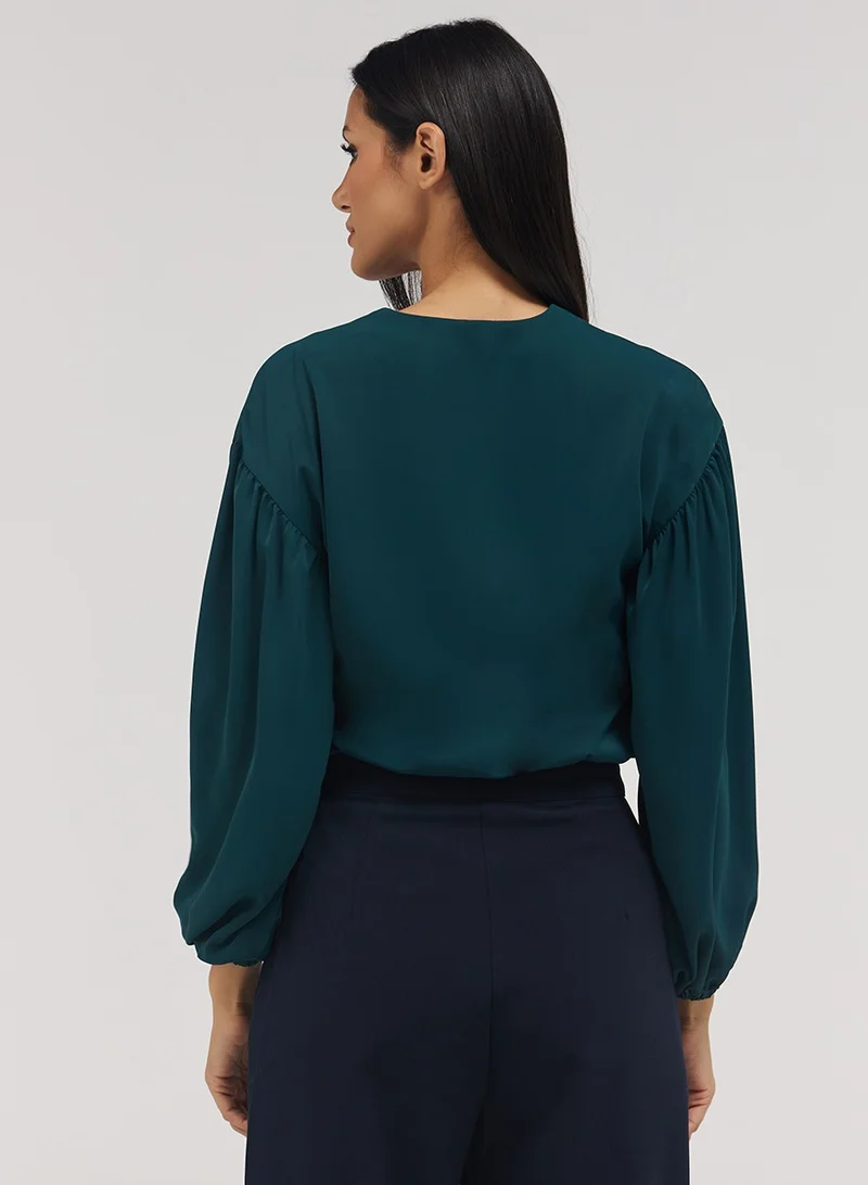 Zigzag Front Neck Open Long Sleeve Top-Dark Green