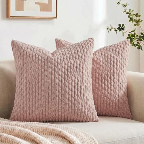 Fancy Homi 2 Packs Blush Pink Decorative Throw Pillow Covers 18x18 Inch for Couch Bed Sofa Modern Farmhouse Boho Home Decor Soft Cute Plush Corduroy Cushion Case 45x45 cm - Image 1