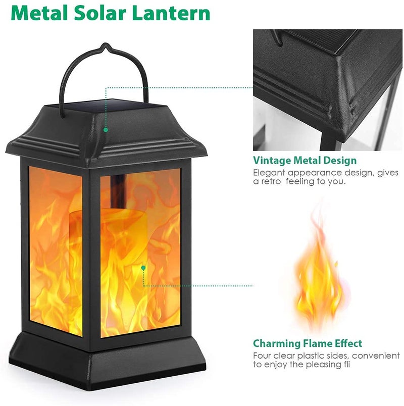 TomCare Solar Lights Metal Flickering Flame Solar Lantern Outdoor Hanging Lanterns Decorative Lighting Heavy Duty Solar Powered Waterproof Umbrella Lighting for Garden Yard Patio Deck, 2 Pack（Black） - Image 2
