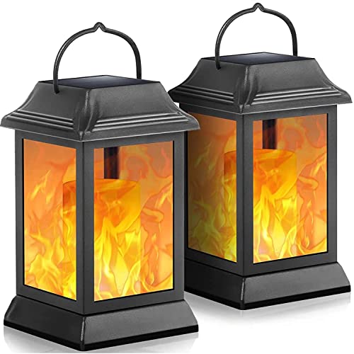 TomCare Solar Lights Metal Flickering Flame Solar Lantern Outdoor Hanging Lanterns Decorative Lighting Heavy Duty Solar Powered Waterproof Umbrella Lighting for Garden Yard Patio Deck, 2 Pack（Black） - Image 1