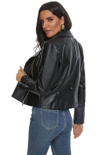 Fahsyee Women's Black Leather Jackets, Faux Motorcycle Bomber Moto Bike Plus Size Coat Short Lightweight Vegan Pleather Fashion S - Image 4