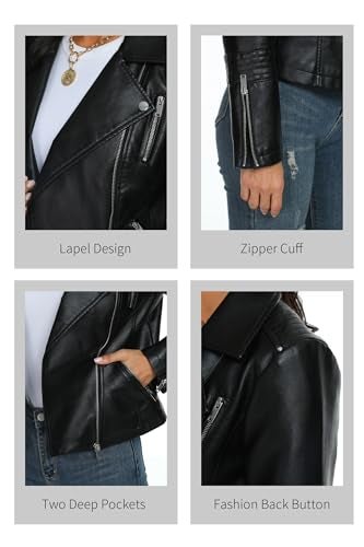 Fahsyee Women's Black Leather Jackets, Faux Motorcycle Bomber Moto Bike Plus Size Coat Short Lightweight Vegan Pleather Fashion S - Image 5