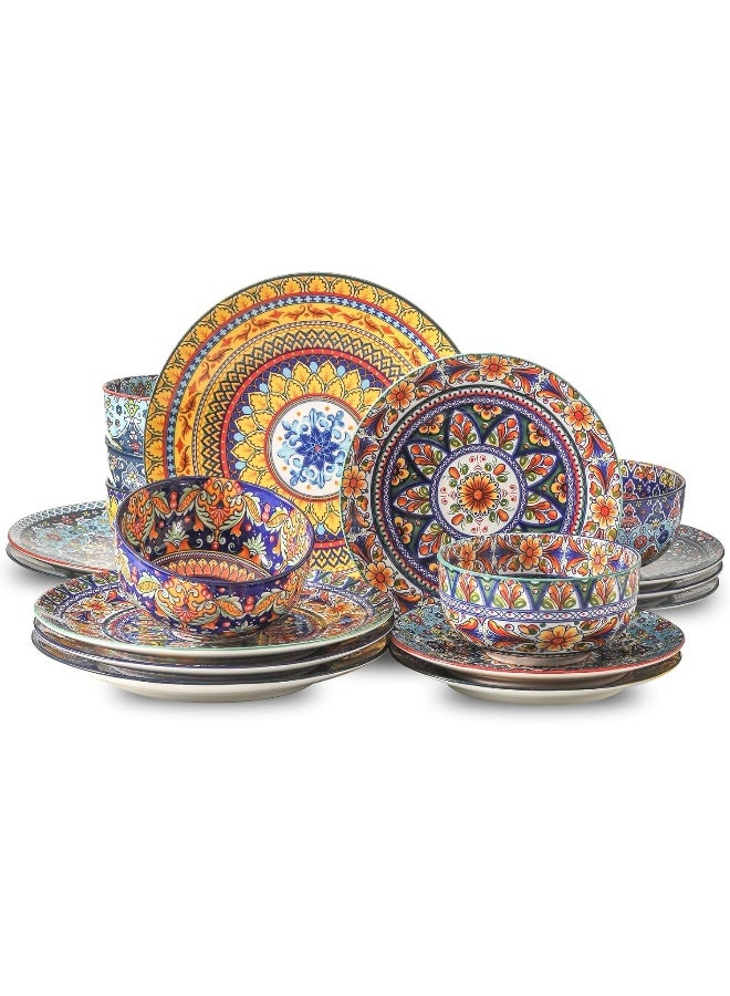 Hasense 18 Pieces Stoneware Dinnerware Sets Service for 6 Bohemian Style Plates and Bowls Set - Image 1