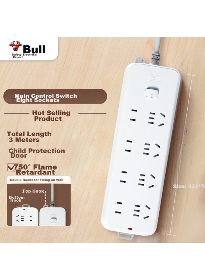 Bull Power Strip/extension Cord/power Bar/power Strip/power Board/dormitory Home Desktop Power Strip, 8 Outlets With Master Switch, 3 Meters Long, Gn-b3440 - Image 1