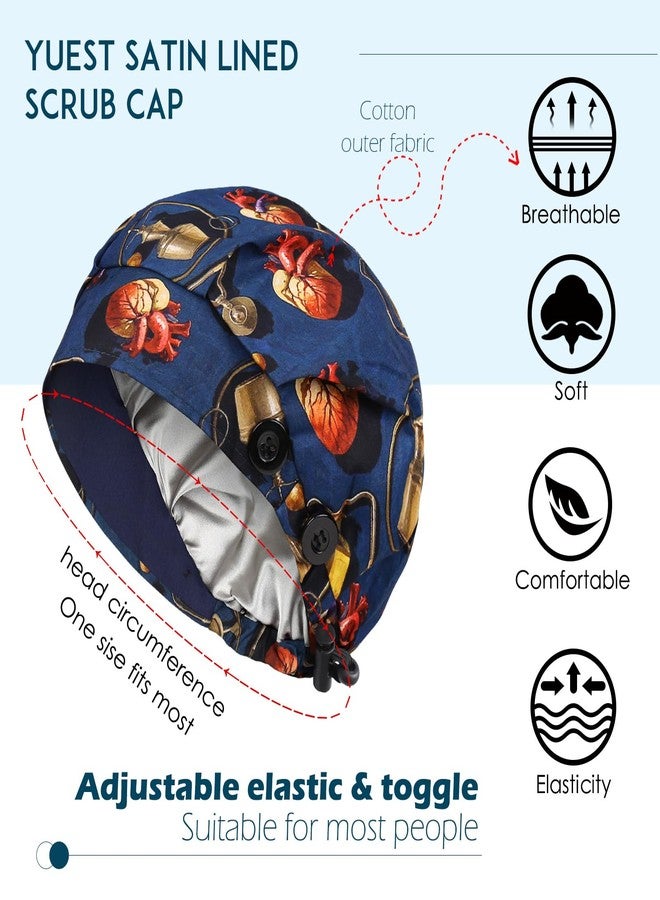 Yuest 2 Pack Satin Lined Bouffant Scrub Caps with Buttons, Adjustable Scrub Caps for Women Men, 2 Pack Satin Lined Navy Blue+ Heart Oil Painting, One size - Image 2