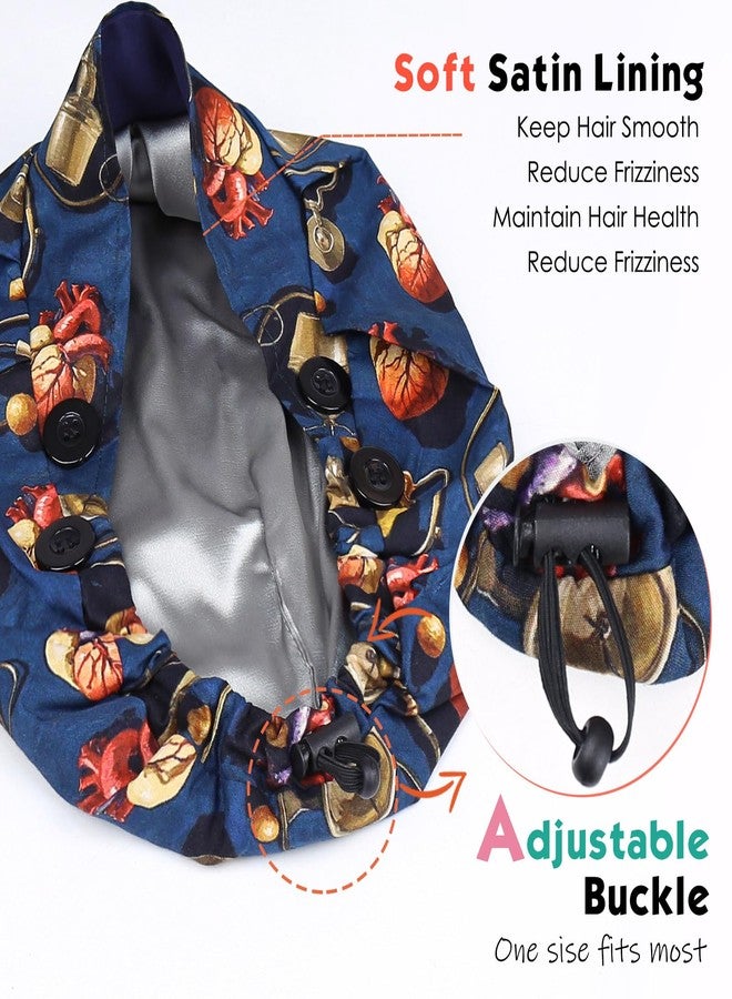 Yuest 2 Pack Satin Lined Bouffant Scrub Caps with Buttons, Adjustable Scrub Caps for Women Men, 2 Pack Satin Lined Navy Blue+ Heart Oil Painting, One size - Image 3