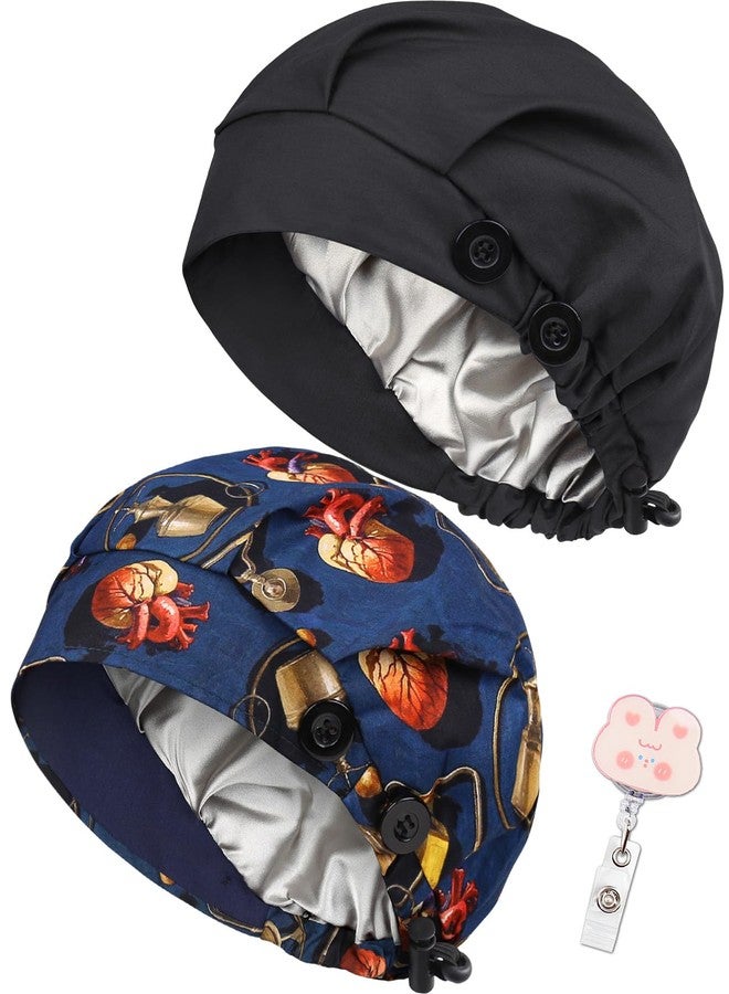 Yuest 2 Pack Satin Lined Bouffant Scrub Caps with Buttons, Adjustable Scrub Caps for Women Men, 2 Pack Satin Lined Navy Blue+ Heart Oil Painting, One size - Image 5
