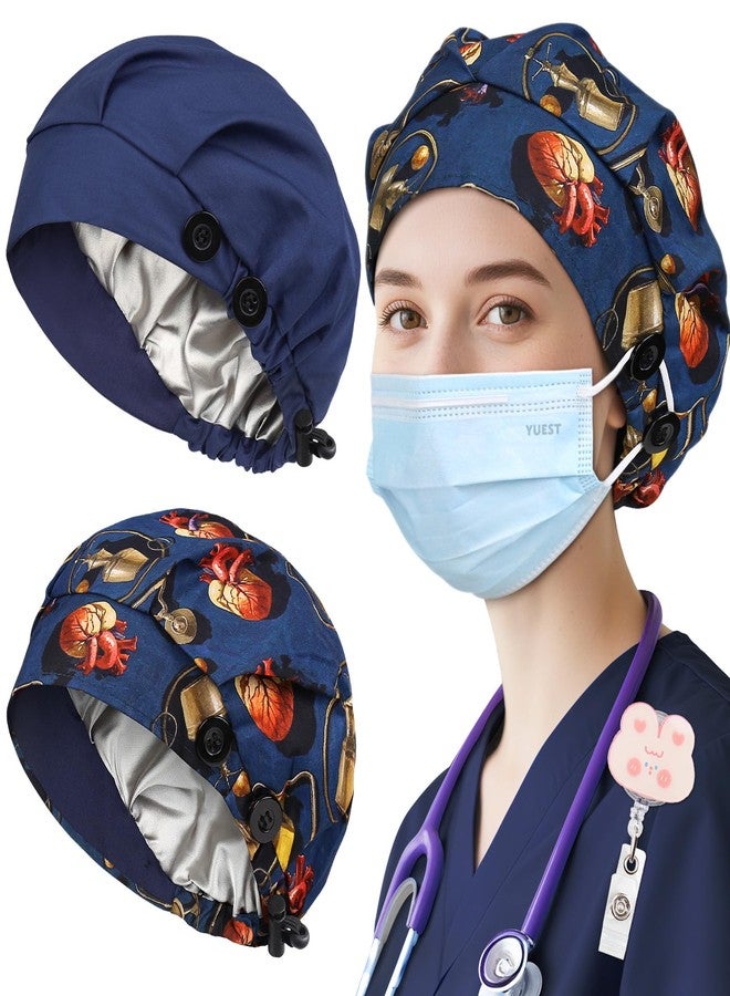 Yuest 2 Pack Satin Lined Bouffant Scrub Caps with Buttons, Adjustable Scrub Caps for Women Men, 2 Pack Satin Lined Navy Blue+ Heart Oil Painting, One size - Image 1