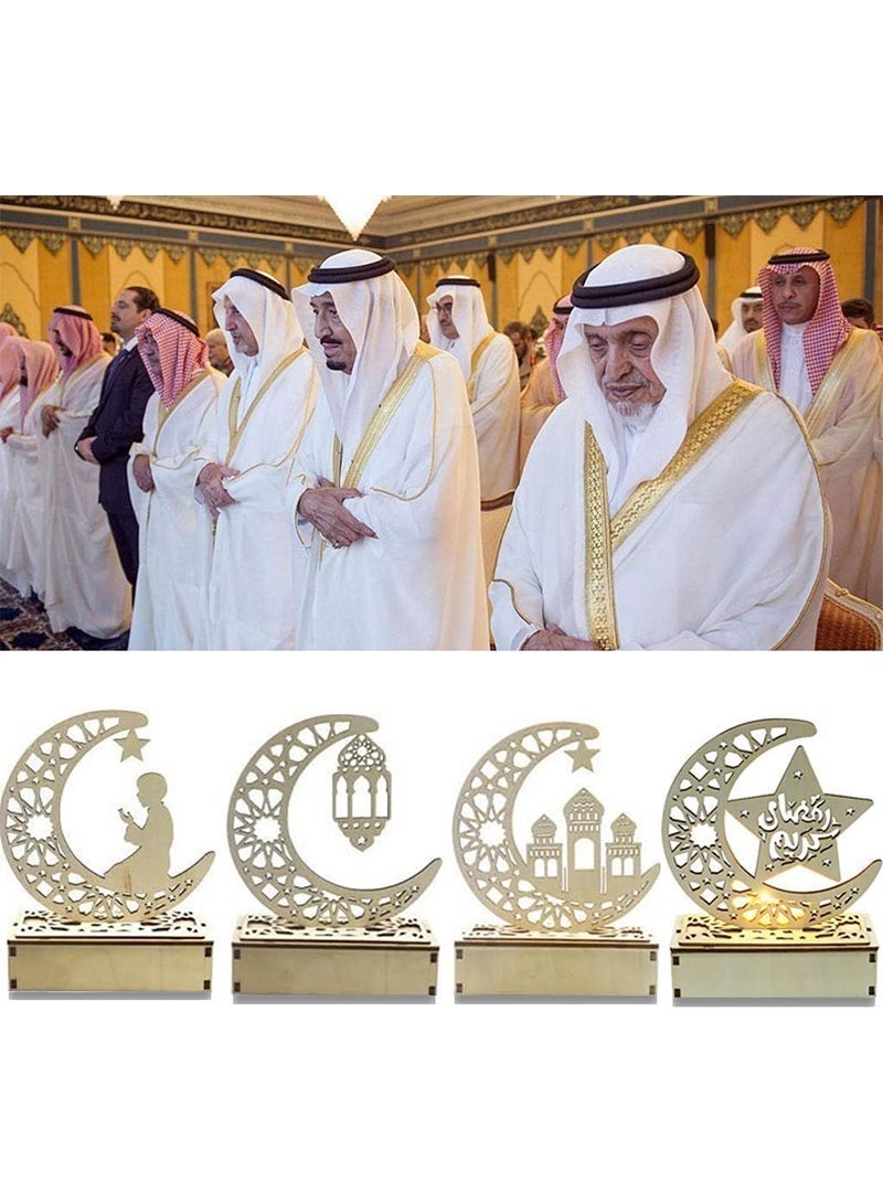 توبيتش 4 قطع من مصابيح زينة رمضان، مصابيح رمضان من الخشب المجوف المنحوت، مصابيح زينة رمضان ليلية للمكتب المنزلي - Image 2