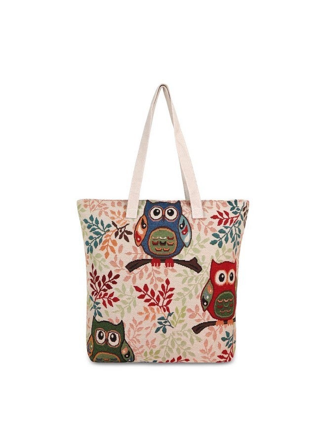 NFI essentials Shopping Bag, Tote Bag For Women With Zip, Foldable Shoulder Travel Bag, Handbag For Grocery & Daily Use (Sb-14-Owl),Beige - Image 1