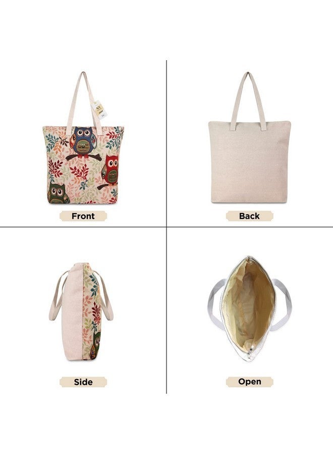 NFI essentials Shopping Bag, Tote Bag For Women With Zip, Foldable Shoulder Travel Bag, Handbag For Grocery & Daily Use (Sb-14-Owl),Beige - Image 2