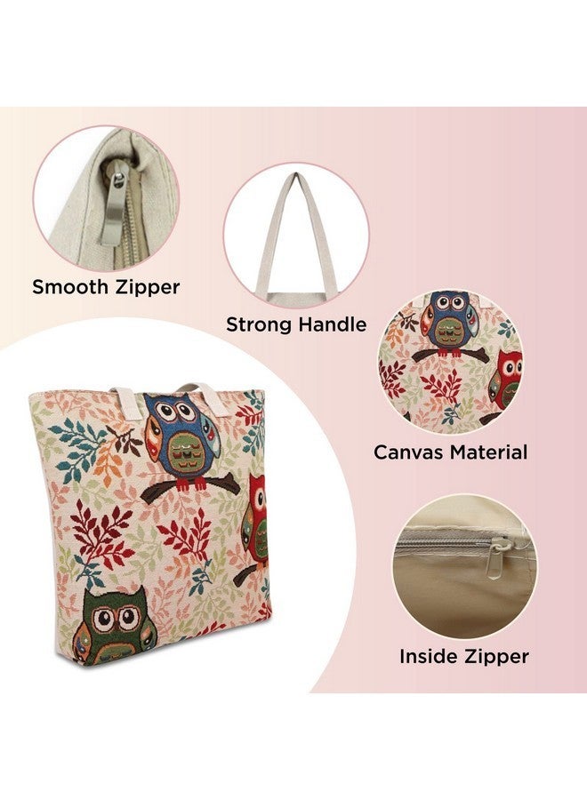 NFI essentials Shopping Bag, Tote Bag For Women With Zip, Foldable Shoulder Travel Bag, Handbag For Grocery & Daily Use (Sb-14-Owl),Beige - Image 3