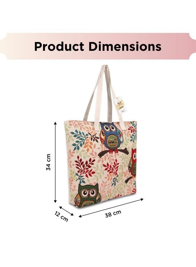 NFI essentials Shopping Bag, Tote Bag For Women With Zip, Foldable Shoulder Travel Bag, Handbag For Grocery & Daily Use (Sb-14-Owl),Beige - Image 4