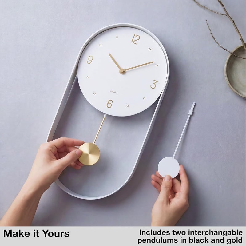 Driini Modern Pendulum Wall Clock - Decorative and Unique Metal Frame, with 8 Inch Face - Contemporary, Minimalist Design, with Silent Non Ticking Operation - Includes Both White and Gold Pendelum - Image 2