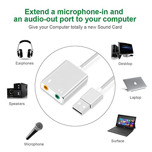 VIBOTON 7.1 External Sound Card, USB to 3.5mm Jack USB Audio Adapter Earphone Microphone for Computer Laptop PC (Silver) - Image 2