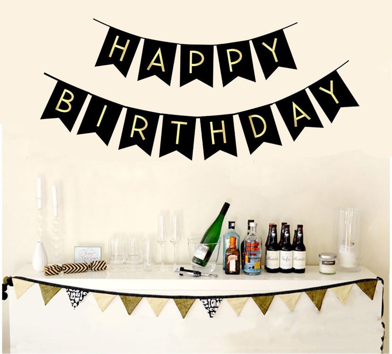 FECEDY Black Happy Birthday Bunting Banner with Shiny Gold Letters Party Supplies - Image 1