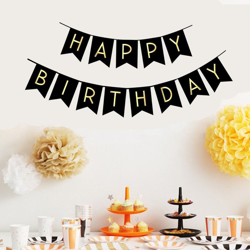 FECEDY Black Happy Birthday Bunting Banner with Shiny Gold Letters Party Supplies - Image 2