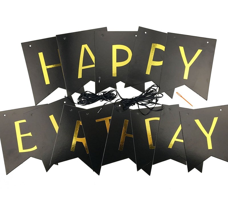 FECEDY Black Happy Birthday Bunting Banner with Shiny Gold Letters Party Supplies - Image 3