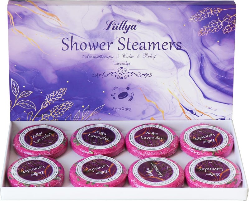Liillya Lavender Shower Steamers Aromatherapy 8 Packs Vapor Shower Tablets Bath Bombs with Natural Essential Oil Home SPA for Stress Relief Self Care Relaxation Birthday Gifts for Women,Men - Image 1
