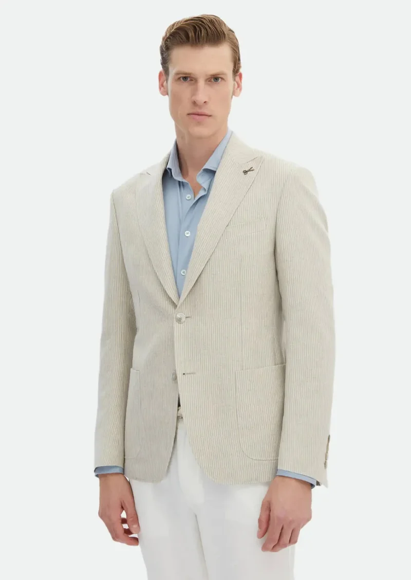 RAMSEY Beige Striped Zeroweight Slim Fit Cotton Blended Jacket