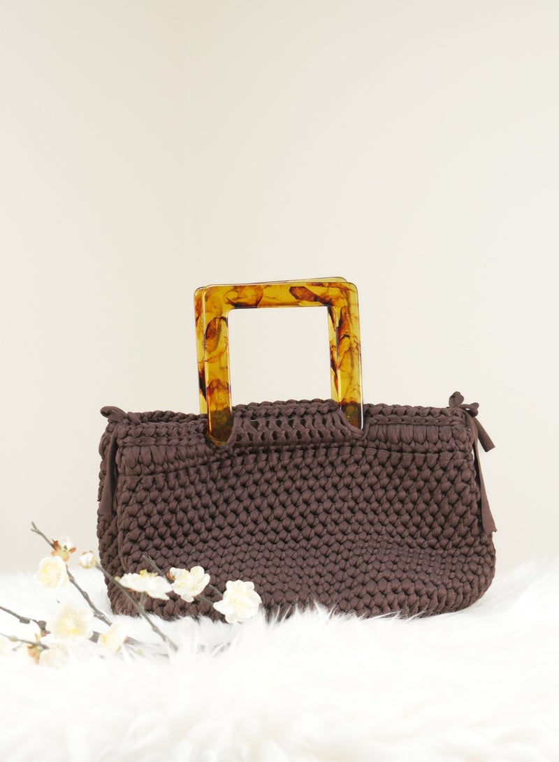 Brown Crochet Handbag with Amber Acrylic Handles and Side Ties