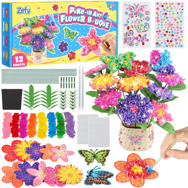 Zefy Poke Art Flower Bouquet, Mess-Free Arts and Crafts for Kids, Creative DIY Activities with 8 Colors 10 Flowers & 2 Butterflies, Birthday Valentine Gifts for Girls Craft Kits 4-12 - Image 1