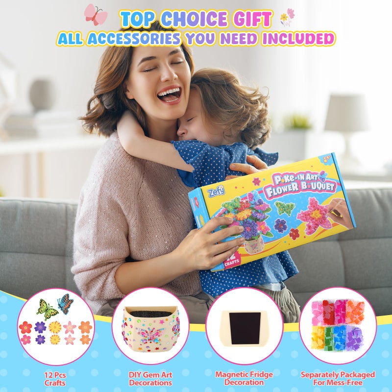Zefy Poke Art Flower Bouquet, Mess-Free Arts and Crafts for Kids, Creative DIY Activities with 8 Colors 10 Flowers & 2 Butterflies, Birthday Valentine Gifts for Girls Craft Kits 4-12 - Image 4