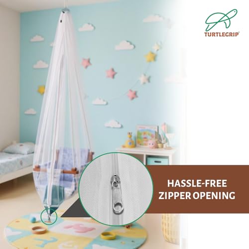 TurtleGrip Jhula Mosquito Net for Baby Swing | Premium Polyester Net with Side Zip Opening | Insect & Mosquito Protection for Indian-Style Cradle/Jhula (White with Green Border). - Image 5