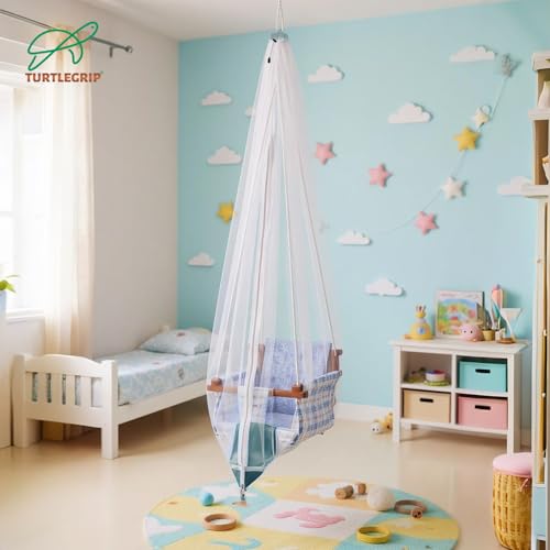 TurtleGrip Jhula Mosquito Net for Baby Swing | Premium Polyester Net with Side Zip Opening | Insect & Mosquito Protection for Indian-Style Cradle/Jhula (White with Green Border). - Image 3