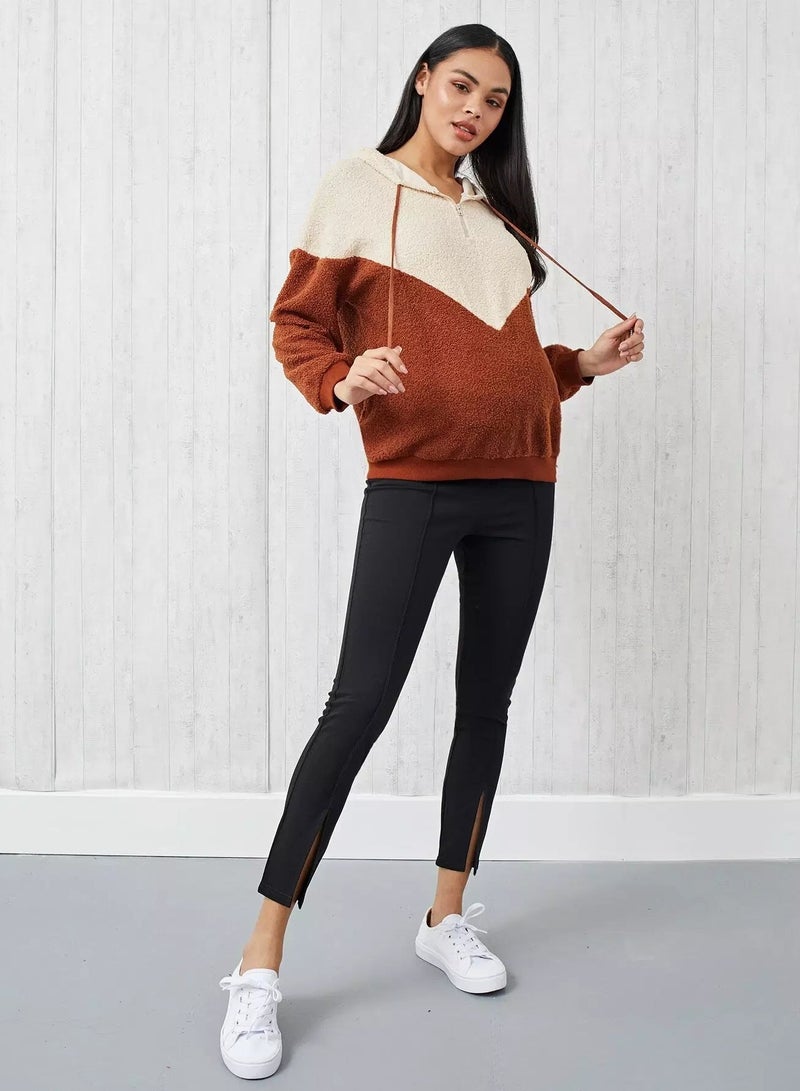 Maternity Zipper Half Placket Colorblock Teddy Hoodie - Image 1