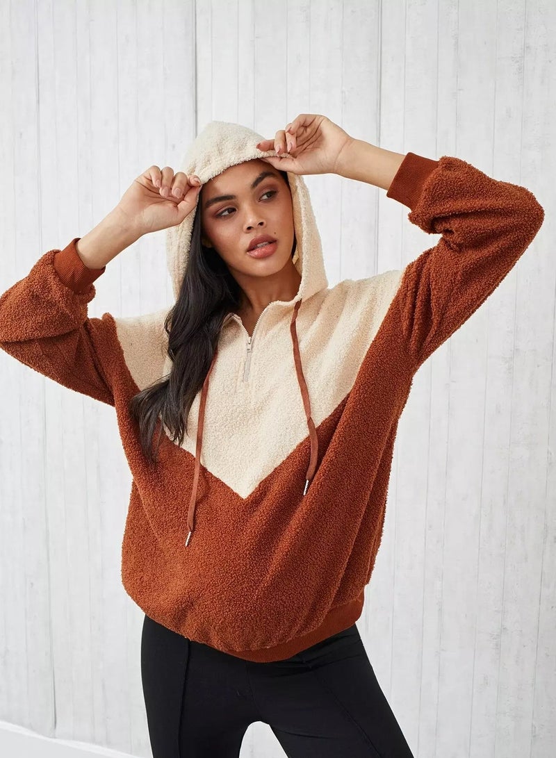 Maternity Zipper Half Placket Colorblock Teddy Hoodie - Image 3