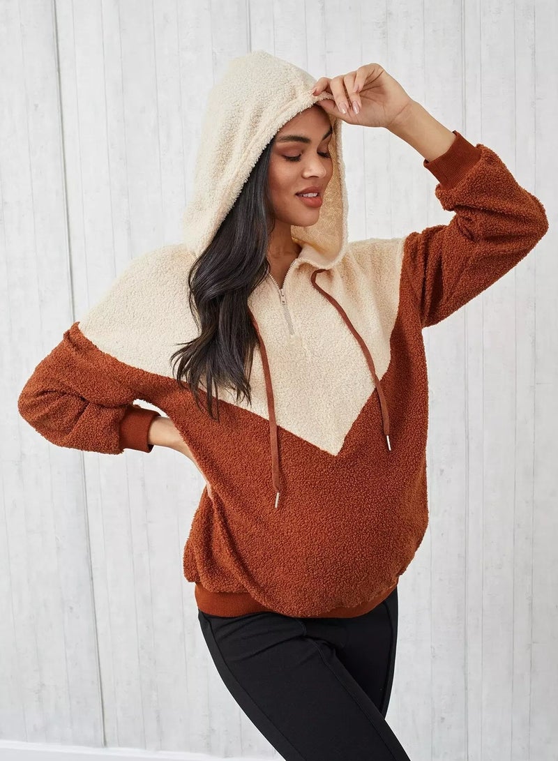 Maternity Zipper Half Placket Colorblock Teddy Hoodie - Image 5