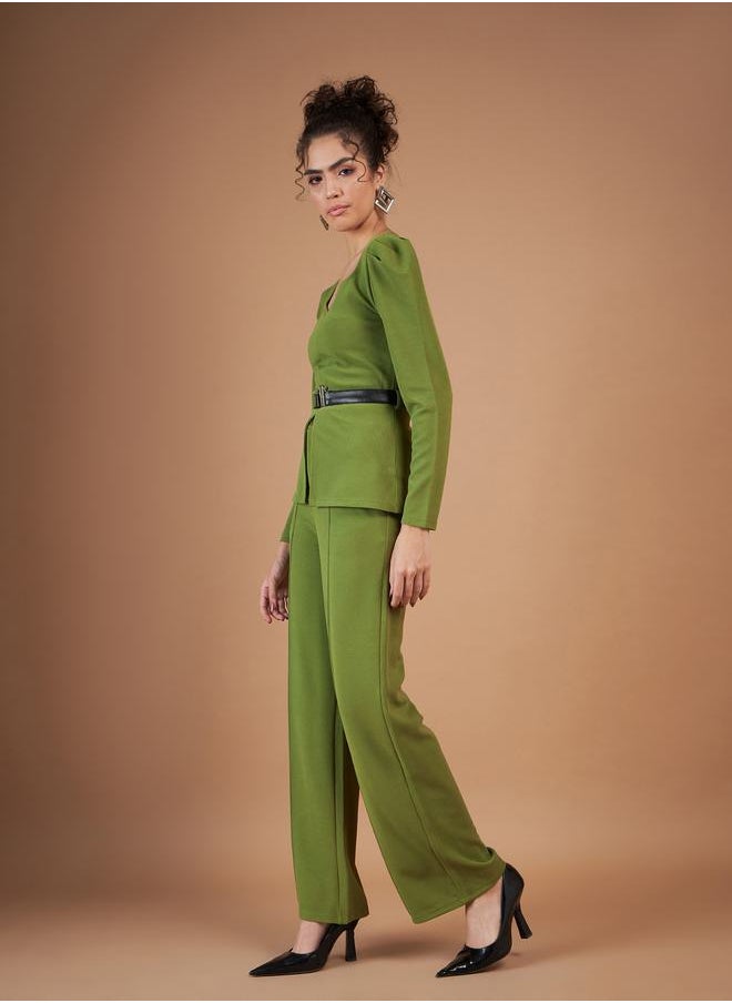 SASSAFRAS - Belted Peplum Top & Pintuck Straight Pants Co-Ord by Styli - Image 1
