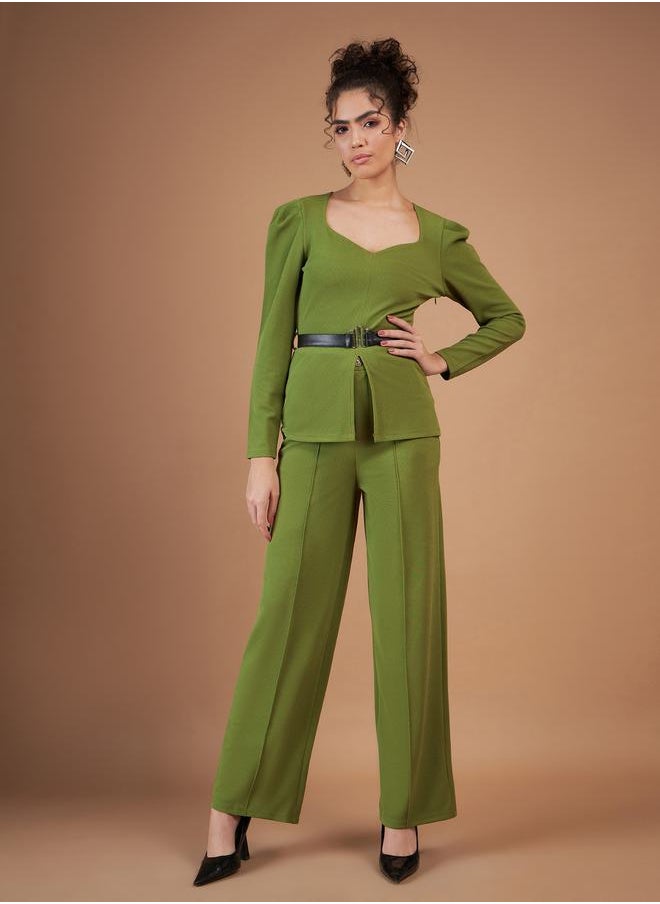 SASSAFRAS - Belted Peplum Top & Pintuck Straight Pants Co-Ord by Styli - Image 1