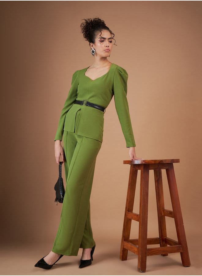 SASSAFRAS - Belted Peplum Top & Pintuck Straight Pants Co-Ord by Styli - Image 1