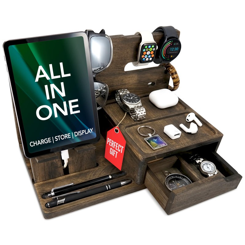 EcoLeafy Dot Nightstand Organizer- Phone Docking Station for Men- Unique Gifts for Husband, Father or Dad from Wife, Son or Daughter- Desk Organizer for Cellphone, Watches, Wallet and Key (Rustic) - Image 1
