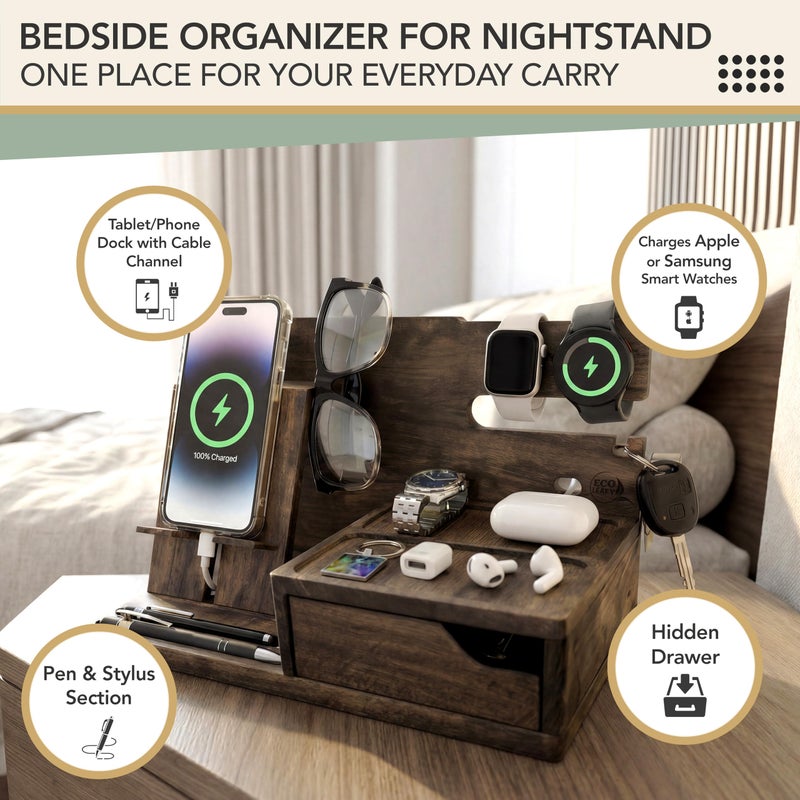 EcoLeafy Dot Nightstand Organizer- Phone Docking Station for Men- Unique Gifts for Husband, Father or Dad from Wife, Son or Daughter- Desk Organizer for Cellphone, Watches, Wallet and Key (Rustic) - Image 3