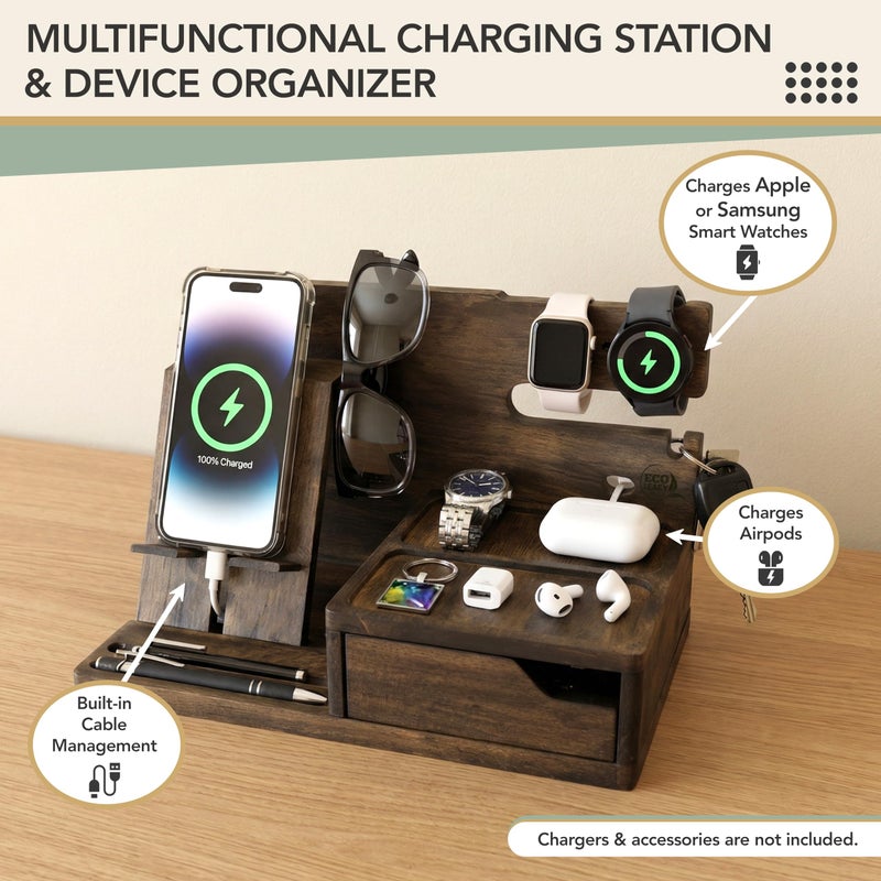 EcoLeafy Dot Nightstand Organizer- Phone Docking Station for Men- Unique Gifts for Husband, Father or Dad from Wife, Son or Daughter- Desk Organizer for Cellphone, Watches, Wallet and Key (Rustic) - Image 2