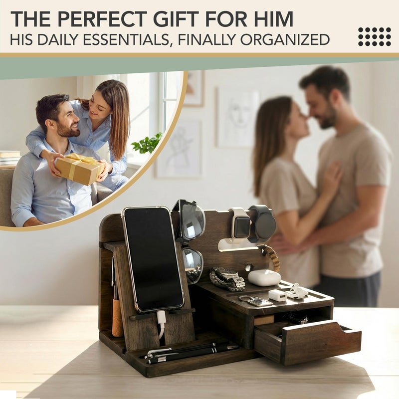 EcoLeafy Dot Nightstand Organizer- Phone Docking Station for Men- Unique Gifts for Husband, Father or Dad from Wife, Son or Daughter- Desk Organizer for Cellphone, Watches, Wallet and Key (Rustic) - Image 5
