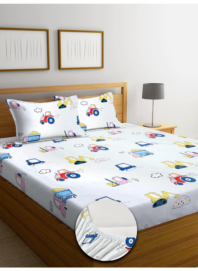 MAYAS COLLECTION Mayas Collection King Size Glace Cotton Cartoon Printed All Over Elastic Fitted Double bedsheet for Kids Bedroom Size 78 72 8 inch with Two Pillow Covers Multicolour250 tc Cream  - Image 1