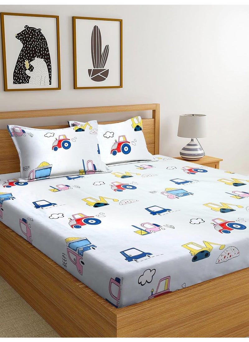 MAYAS COLLECTION Mayas Collection King Size Glace Cotton Cartoon Printed All Over Elastic Fitted Double bedsheet for Kids Bedroom Size 78 72 8 inch with Two Pillow Covers Multicolour250 tc Cream  - Image 2