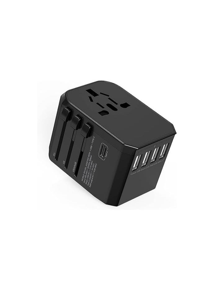 محول سفر عالمي بمنفذ USB سريع الشحن ذو 4 منافذ ومنفذ USB سريع الشحن من نوع C ومقابس كهربائية عالمية للمملكة المتحدة، الاتحاد الأوروبي، الولايات المتحدة، أستراليا، والتبديل التلقائي. - Image 1