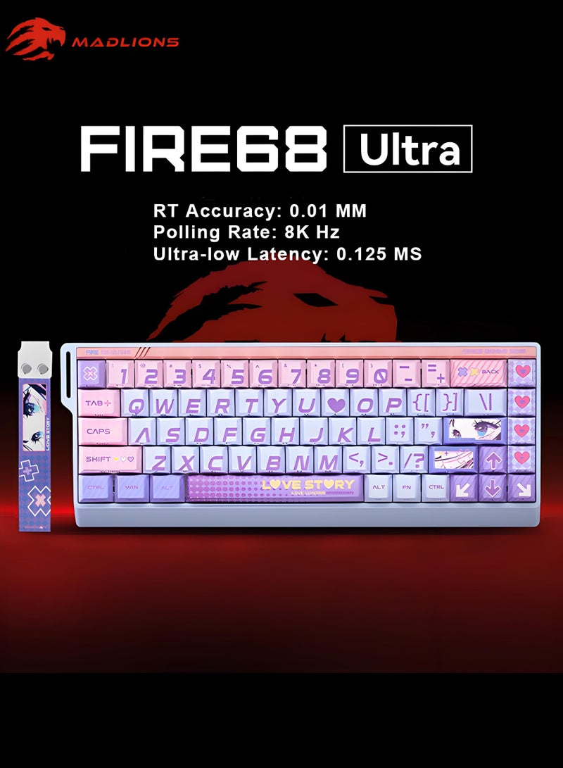 مادليونس لوحة مفاتيح Fire68 Ultra للألعاب مع إضاءة RGB، معدل استجابة 8 كيلوهرتز، زمن انتقال 0.1 مللي ثانية، تقنية RT قابلة للتبديل السريع، دعم محركات تعديلية، مفاتيح مغناطيسية باستخدام تأثير هول، مناسبة لألعاب FPS، لوحة ميكانيكية ألعاب، إصدار محدود "Falling in Love" (مفتاح Jade Shaft Pro المغناطيسي) - Image 1