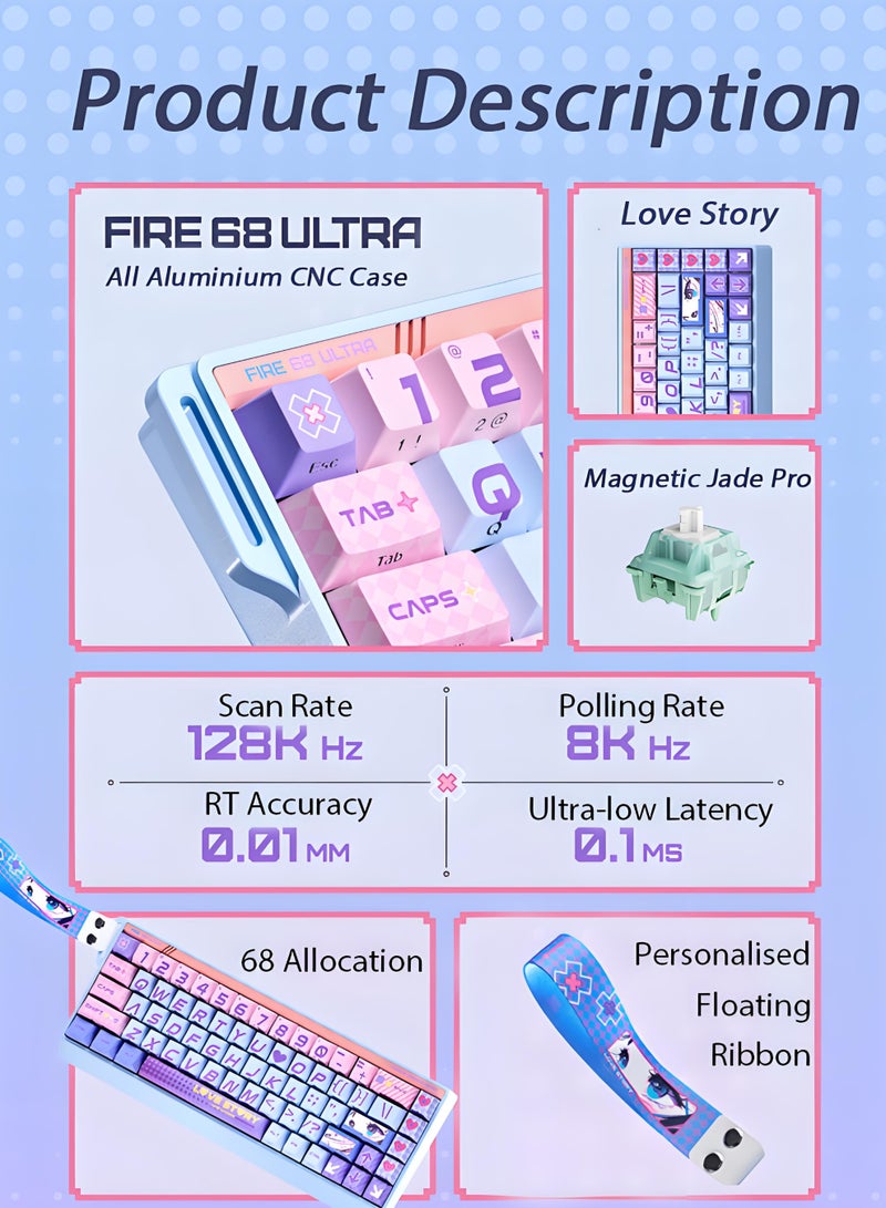 مادليونس لوحة مفاتيح Fire68 Ultra للألعاب مع إضاءة RGB، معدل استجابة 8 كيلوهرتز، زمن انتقال 0.1 مللي ثانية، تقنية RT قابلة للتبديل السريع، دعم محركات تعديلية، مفاتيح مغناطيسية باستخدام تأثير هول، مناسبة لألعاب FPS، لوحة ميكانيكية ألعاب، إصدار محدود "Falling in Love" (مفتاح Jade Shaft Pro المغناطيسي) - Image 3