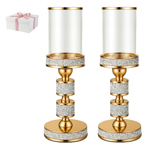 Dounx Hurricane Candle Holder 135 Tall Metal Candle Stand Glass Pillar Candle Holders Crystal Gold Decorative Centerpieces for Table Wedding and Dining Room Fits Candles up to 3x5 2pcs M - Image 1