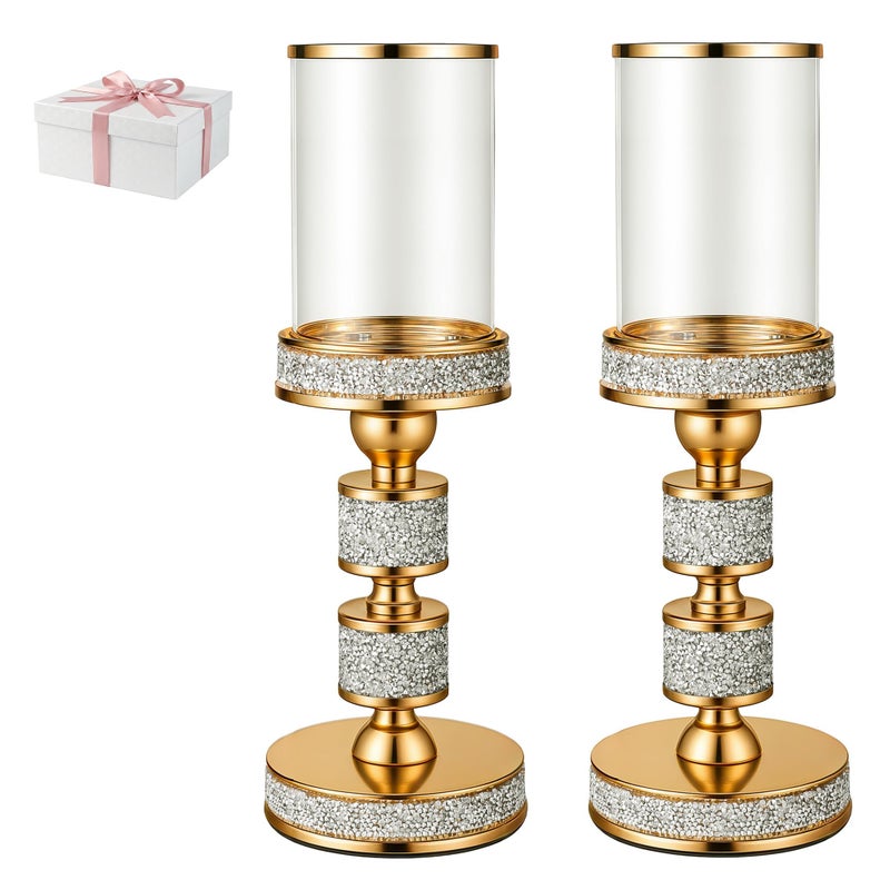 Dounx Hurricane Candle Holder 135 Tall Metal Candle Stand Glass Pillar Candle Holders Crystal Gold Decorative Centerpieces for Table Wedding and Dining Room Fits Candles up to 3x5 2pcs M - Image 2